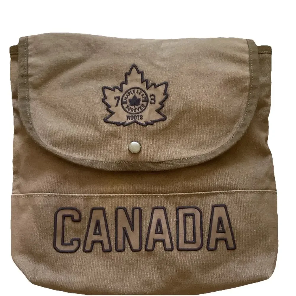 Roots Canada Brown Canvas Crossbody Shoulder Bag Maple Leaf Logo Flap Casual